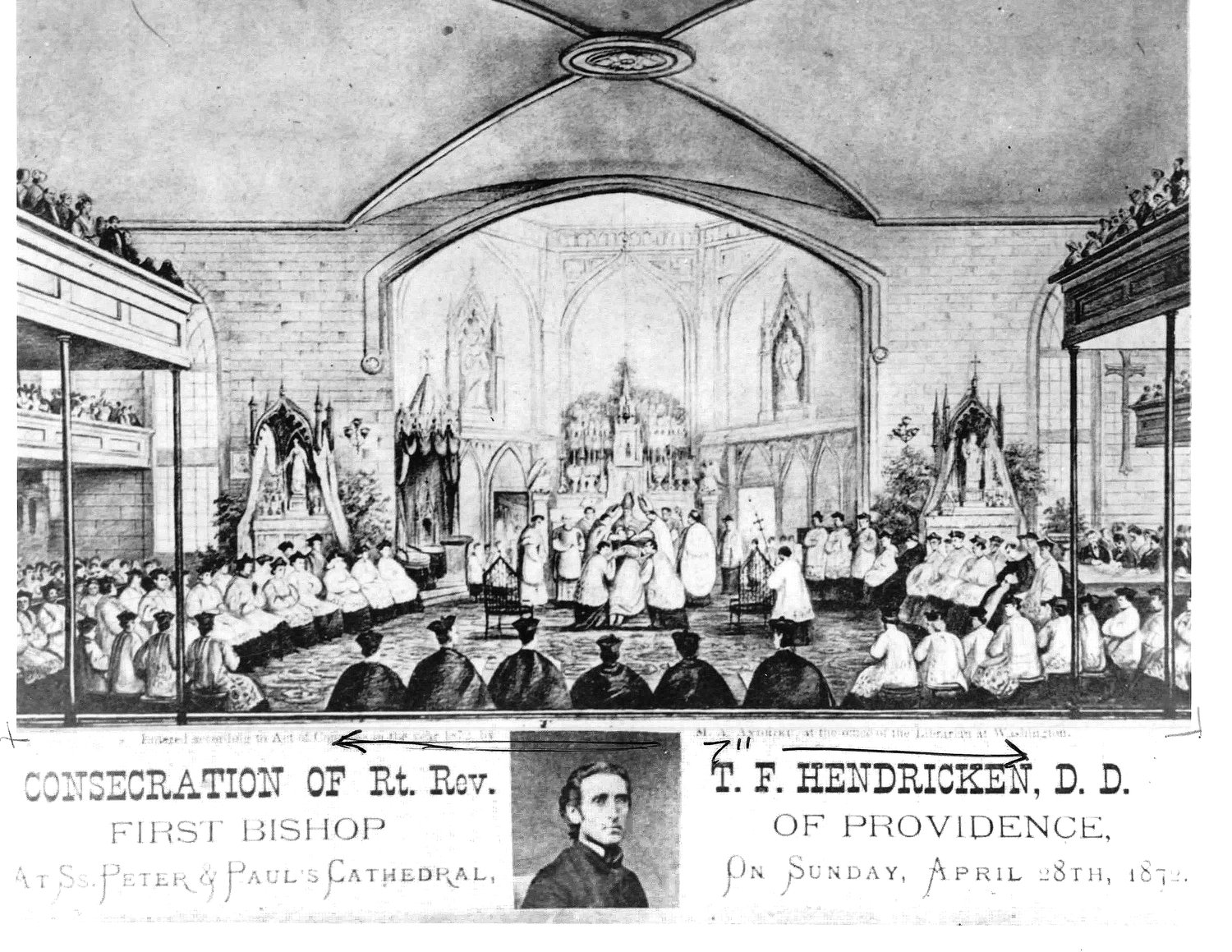 A postcard depicts the ordination of Thomas Francis Hendricken as Bishop of Providence, on April 27, 1872.